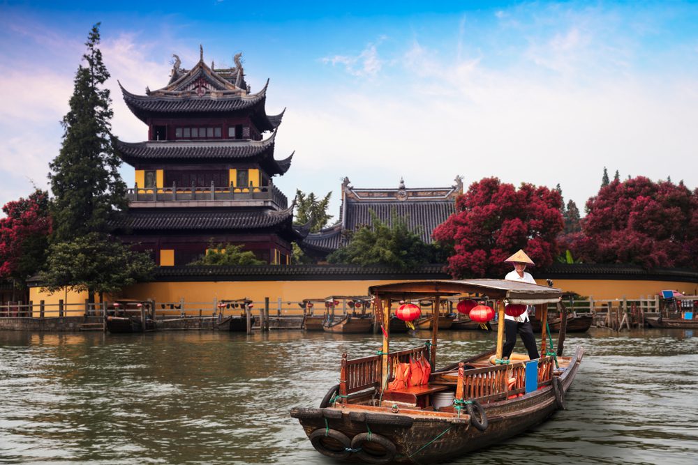 上海 中國，傳統，旅遊，船，在，上海，朱家角，鎮，與，船
